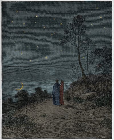 Inferno, Canto 2: Stmívající se obloha první noci, ilustrace z „Božské komedie“ od Dante Alighieriho, 1885 od Gustave Dore