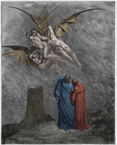 Inferno, Canto 9: Hrozný Erinyes: Megaera, Tisiphone, Alecto od Gustave Dore