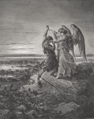 Jákob zápasí s andělem, Genesis 32:24-32, ilustrace z Doreovy "Bible svaté", vyryl Laplante, 1866 od Gustave Dore