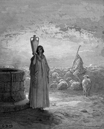 Jacob, který drží Labanova stáda, vidí Rachel u studny, 1866 od Gustave Dore