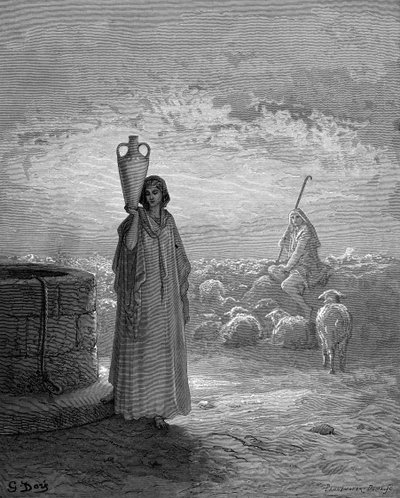 Jákob, který drží Labanova stáda, vidí Ráchel u studny. Genesis 29. Z ilustrované Bible Gustava Dorea 1866. Dřevoryt od Gustave Dore