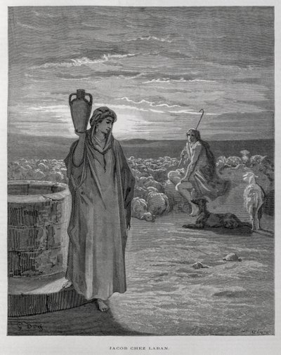 Jákob vidí Ráchel u studny v Lábanově domě, Ilustrace z Doreovy Bible. od Gustave Dore
