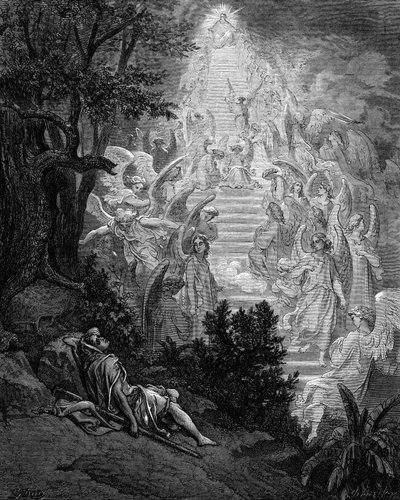 Jacobs snil o schodech vedoucích do nebe s Bohem na vrcholu, 1865-1866 od Gustave Dore