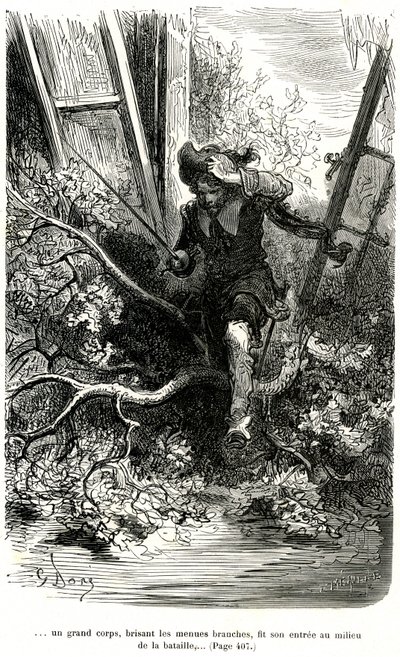 Jacquemin Lampourde se zbraní v ruce přišel na místo bitvy. Rytina Gustava Doreho ilustrující pikareskní román Theophila Gautiera "Le capitaine Fracasse", edice Charpentier 1863. od Gustave Dore