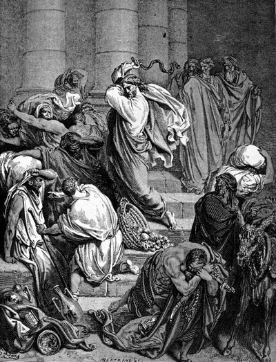 Ježíš Kristus pronásleduje obchodníky v chrámu. Ilustrace Gustava Doré. od Gustave Dore