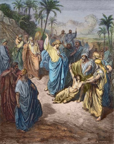 Ježíš Kristus válčící s mladým posedlým démonem - Ježíš uzdravující šílence - Barevná rytina podle Gustava Dorea. od Gustave Dore