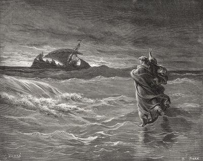 Jesus Walking on the Sea, Jan 6:19-21, ilustrace z Doreovy „Svaté bible“, vyryté Pisanem, 1866 od Gustave Dore