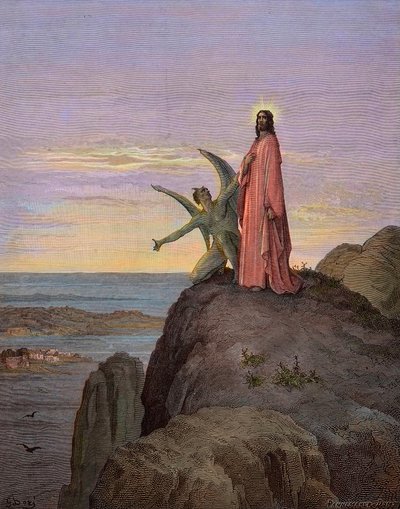Ježíš na poušti, vystaven pokušení ďábla - Pokušení Krista - Satan pokoušel Ježíše - rytina Gustava Dore - pozdější kolorování od Gustave Dore