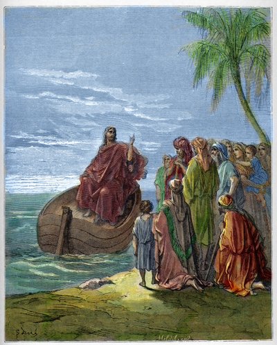 Ježíš káže na Genezaretském jezeře (Genezaret, Ginosar nebo Kinneret) (Tiberiádské jezero) (Galilejské jezero) - Ježíš káže u Galilejského jezera - - rytina v „The Bible illustree“ od Gustava Dore (1832-1883) - rytina z „ "Bible Dore"" od Gustave Dore