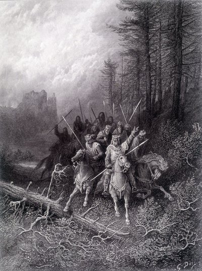 Král Artuš v lese Broceliande (Cyklus rytířů kulatého stolu) - v „“Viviane““ od Alfreda Tennysona, ilustrace G. Doré od Gustave Dore