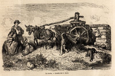 La noria, hydraulický stroj pro zvedání vodní hladiny pomocí energie produkované proudem, kresba Gustava Dorea (1832-1883), pro ilustraci jeho cesty do Španělska s C. Davillierem v roce 1862. Rytina v „“ Le tour du monde “”, editoval Edouard Charto od Gustave Dore