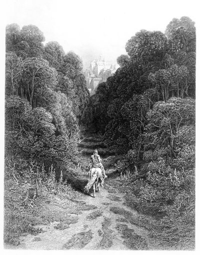 Lancelot se blíží k hradu Astolat, ilustrace z knihy Alfreda Tennysona "Idyly o králi" (litografie) od Gustave Dore