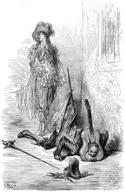 Leandre právě rozbil kytaru o Matamoreovu hlavu, ilustrace pro "Captain Fracass" od Gustave Dore