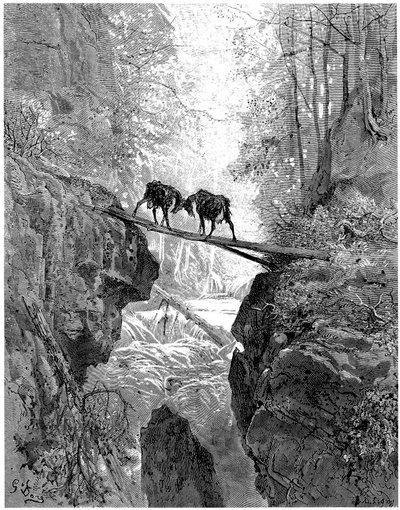 Les deux chevres: pohádka Jeana de la Fontaine s ilustracemi Gustava Doreho - les, potok, proud - od Gustave Dore