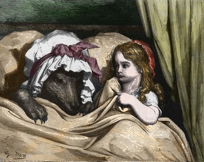 Červená karkulka a vlk nemají rádi babičku. Ilustrace Gustave Dore od Gustave Dore