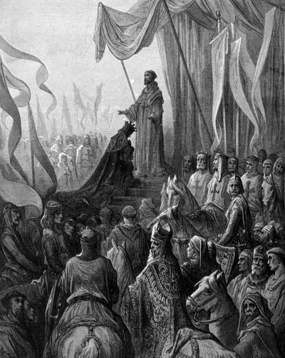 Ludvík VII. (1120 - 1180) klečící před svatým Bernardem z Clairvaux (San Bernardo di Chiaravalle) ve Vezelay. Rytina Gustava Doré. 19. století od Gustave Dore