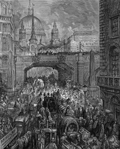 "Ludgate Hill": Od Gustava Dora a Blancharda Jerrolda Londýn: Poutní Londýn 1872. Scéna dopravní zácpy, železniční viadukt (uprostřed) a kopule katedrály sv. Pavla. Dřevoryt od Gustave Dore