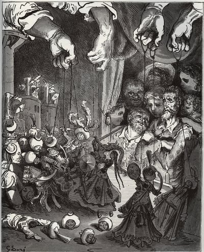 Loutkové divadlo Maese Pedra - z „Don Quijote de la Mancha“ od Miguela Cervantese (1547-1616) (Don Quijote) - dřevořez podle kresby Gustava Dore od Gustave Dore