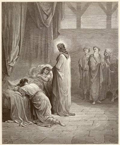 Zázrak: Ježíš Kristus uzdravil dceru Jairova (Jairus nebo Jairos). Rytina z bible ilustrovaná Gustave Dore (1832-1883) od Gustave Dore