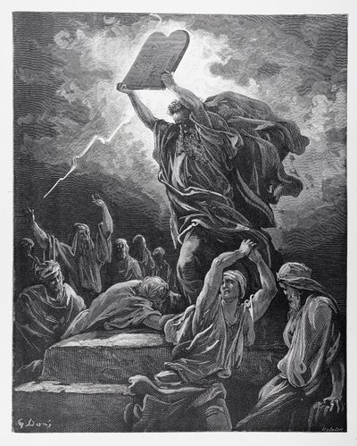 Mojžíš lámající desky Zákona, rytina Hotelin, asi 1868 od Gustave Dore