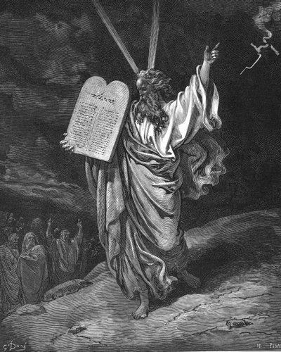 Mojžíš sestupující z hory Sinaj s deskami zákona (Deset přikázání). Exodus 5.35. Ilustrace Gustave Dore (1832-1883) pro Bibli (Londýn 1866). Dřevoryt. od Gustave Dore
