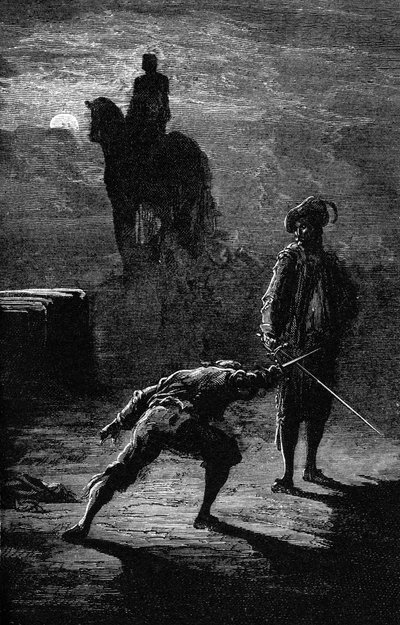 Noční souboj za svitu měsíce mezi baronem de Sigognac a Jacqueminem Lampourdem pod jezdeckou sochou bronzového krále. Rytina Gustava Doreho ilustrující román Theophila Gautiera "Kapitán Fracasse". Charpentierovo vydání 1863. od Gustave Dore