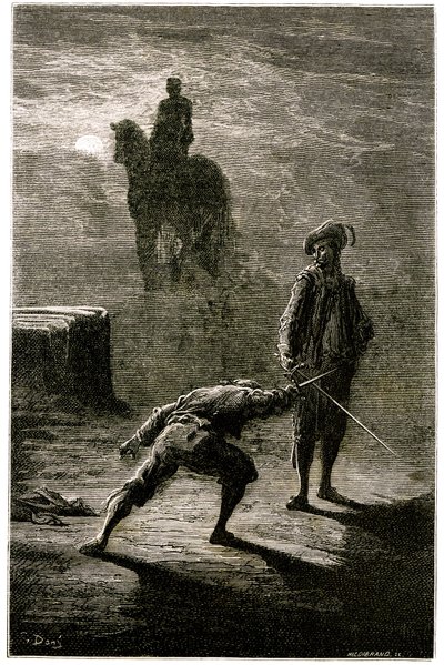 Noční souboj za svitu měsíce mezi baronem de Sigognac a Jacqueminem Lampourdem pod jezdeckou sochou bronzového krále. Rytina Gustava Doreho ilustrující román Theophila Gautiera "Le capitaine Fracasse", edice Charpentier 1863. od Gustave Dore