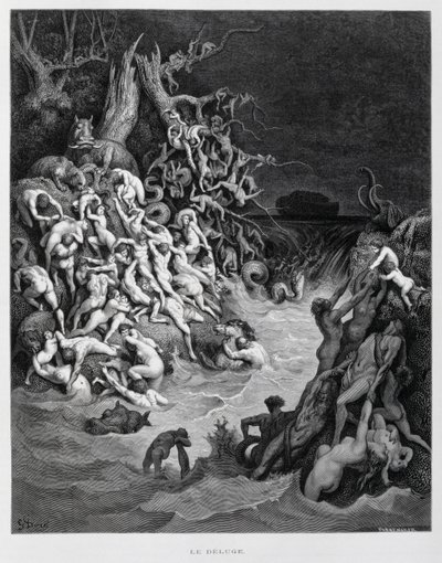 Noe a jeho archa prchají, když zemi zaplavuje velká potopa, Ilustrace z Doreho bible. od Gustave Dore
