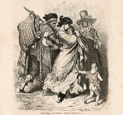 Nomádská rodina hudebníků (rytina) od Gustave Dore