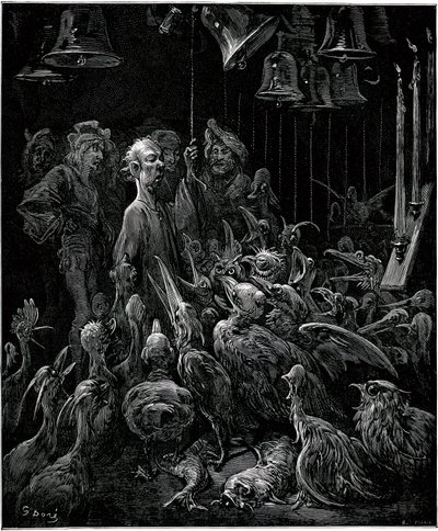 Na ostrově Sonnante Panurge rozeznívá ptáky - ilustrace Gustava Dora k soubornému dílu Francoise Rabelaise - Pátá kniha - Pantagruel od Gustave Dore