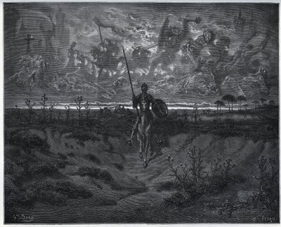 Na této cestě si náš zbrusu nový dobrodruh promluvil sám se sebou – z „Don Quijote de la Mancha“ od Miguela Cervantese od Gustave Dore