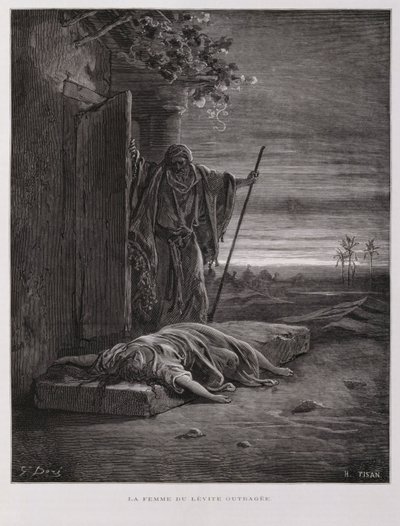 Rozhořčení v Gibeji, levita odnáší svou mrtvou konkubínu, Ilustrace z Doreho bible od Gustave Dore