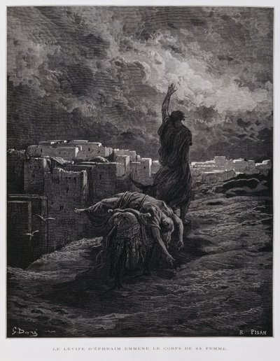 Rozhořčení v Gibeji, levita odnáší svou mrtvou konkubínu, Ilustrace z Doreho bible od Gustave Dore