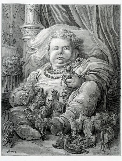 Pantagruel obklopuje krávy - v „“ Gargantua““ od Rabelaise, ill. Gustave Doré od Gustave Dore