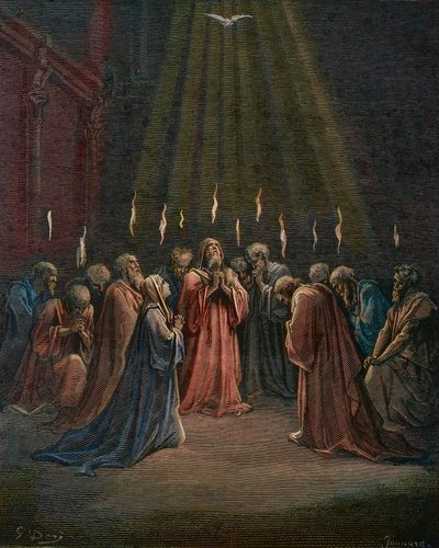 Letnice - Letnice (sestoupení Ducha svatého) - Letnice, seslání Ducha svatého, rytina Gustava Dore (1832-1883) - pozdější kolorování od Gustave Dore