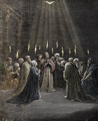 Letnice, seslání Ducha svatého na apoštoly a další následovníky Ježíše Krista Rytina od Gustava Dore (1832-1883) z „“La Bible““ Soukromá sbírka od Gustave Dore