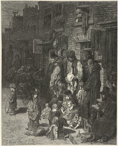 Lidé stojící a sedící před svými domy, v ulici, z „Londýna: pouť“, William Blanchard Jerrold od Gustave Dore