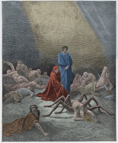 Purgatorio, Canto 12: Dante vidí duši Arachne, ilustrace z „Božské komedie“ od Dante Alighieriho, 1885 od Gustave Dore