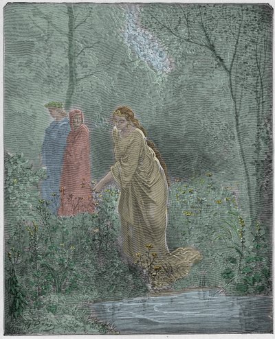 Purgatorio, Canto 27: Danteho sen o Leah na louce, ilustrace z „Božské komedie“ od Dante Alighieriho, 1885 od Gustave Dore