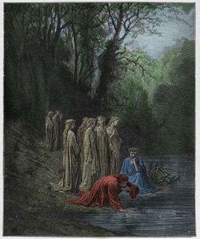 Purgatorio, Canto 33: Dante pije z řeky Eunoe, ilustrace z „Božské komedie“ od Dante Alighieriho, 1885 od Gustave Dore