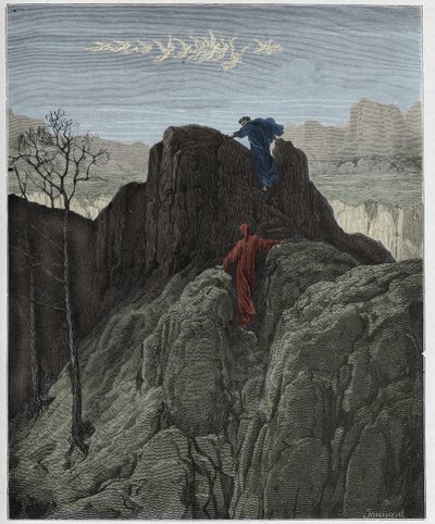 Purgatorio, Canto 4: Virgil vede Danteho po drsném úbočí hory, ilustrace z „Božské komedie“ od Dante Alighieriho, 1885 od Gustave Dore
