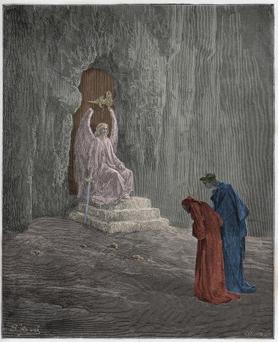 Purgatorio, Canto 9: Dante a Virgil u portálů očistce, ilustrace z „Božské komedie“ od Dante Alighieriho, 1885 od Gustave Dore