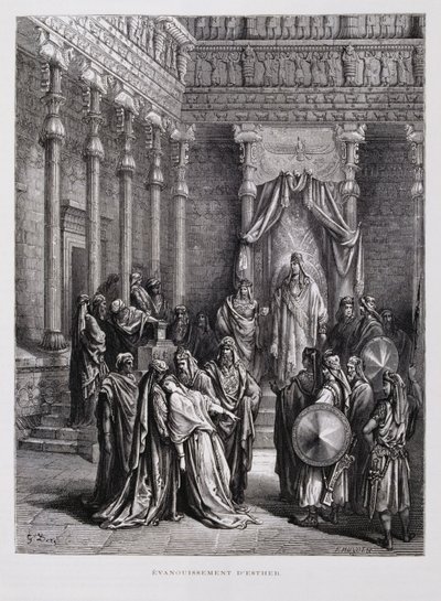 Královna Ester omdlívá před králem, Ilustrace z Doreho bible od Gustave Dore