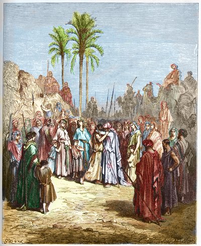 Usmíření mezi Jákobem a Ezauem - Usmíření Jákoba a Ezaua Genese, XXXIII, 4 - - Rytina z „“ The Bible illustree“ od Gustava Dore (1832-1883) – Rytina z „“ The Dore Bible““ od Gustave Dore