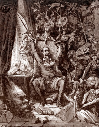 Zastoupení Dona Quijota v jeho knihovně obklopené bytostmi z jeho knih Rytina Gustava Dore (1832-1883) pro „L