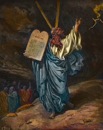 Znázornění Mojžíše s novými deskami zákona na hoře Sinaj - rytina Gustava Dore (1832-1883) - pozdější kolorování od Gustave Dore