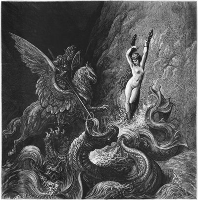 Ruggiero zachraňující Angelicu, ilustrace z X. zpěvu 