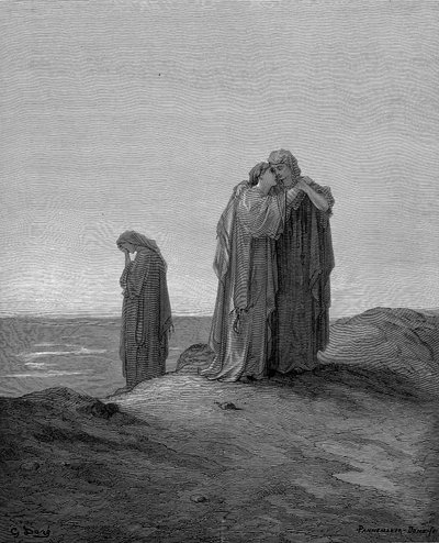Ruth objímá svou tchyni Naomi a slibuje, že s ní zůstane nyní, když jsou pozůstalí, 1866 od Gustave Dore