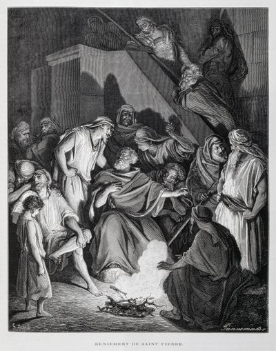 Svatý Petr zapírá Krista, ilustrace z Doreho bible od Gustave Dore