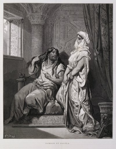 Samson a Dalila, 16. kapitola, Kniha Soudců, Starý zákon, Ilustrace z Doreovy bible od Gustave Dore